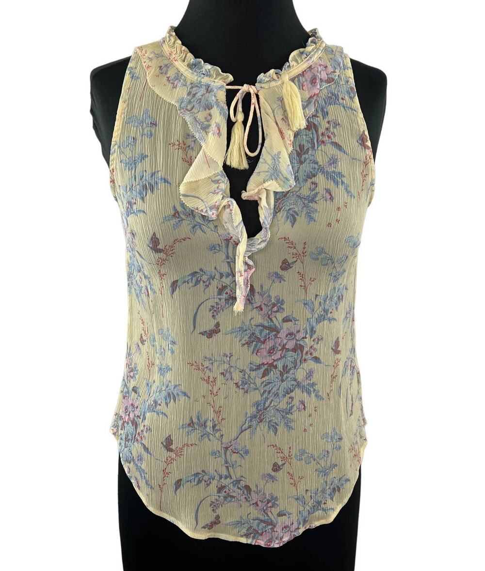 PAIGE Alma Silk Ruffle Sleeveless Top Surfboard Multi Yellow Floral Sheer XS